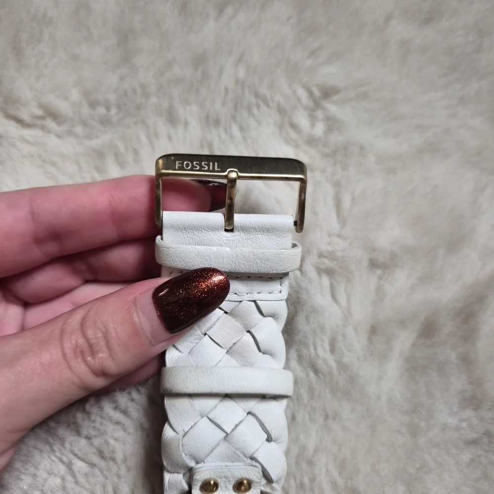Fossil Watch White Leather Band Braided Detail Gold Tone JR-1291 Western Country